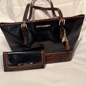 Elegant Black and Brown Women's Tote and Wallet Set